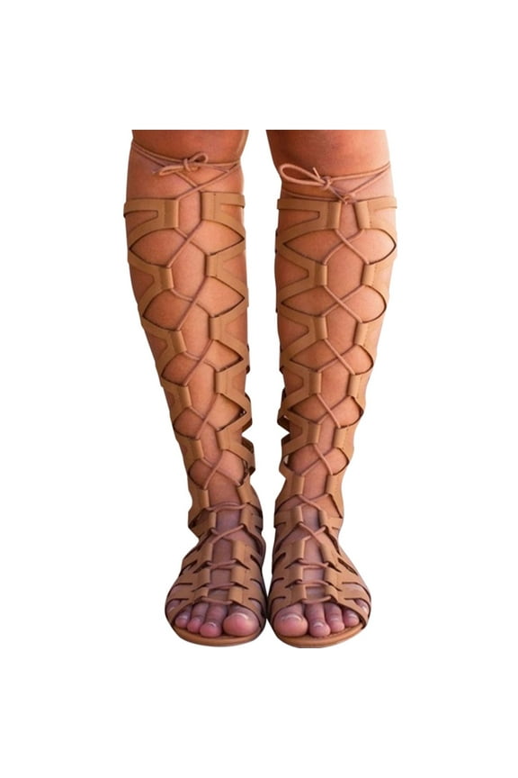 Sandals for Women Lace Up,Gladiator Sandals Roman Shoes Summer Beach Strappy Criss Cross Open Toe Knee High Flat Sandal