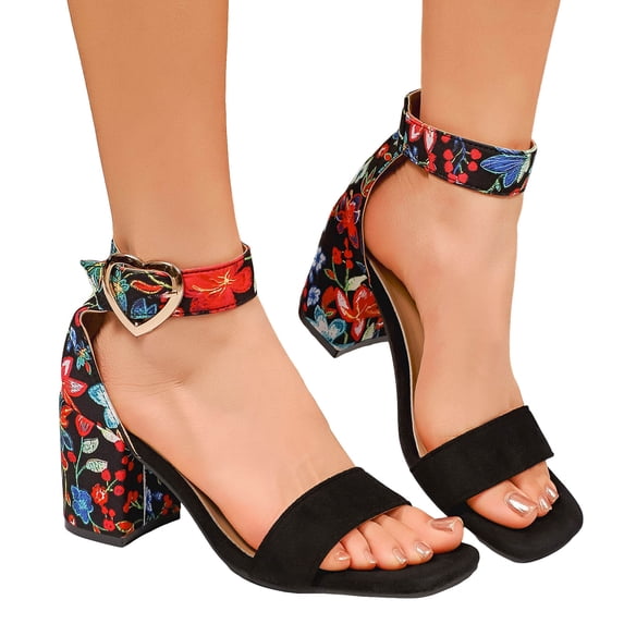 Sandals for Women Open Square Toe Heels Boho Print Chunky Block Heeled Ankle Strap Pumps Casual Beach Shoes Black Size 9