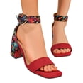 thumbnail image 1 of Sandals for Women Open Square Toe Heels Boho Print Chunky Block Heeled Ankle Strap Pumps Casual Beach Shoes Red Size 5, 1 of 7