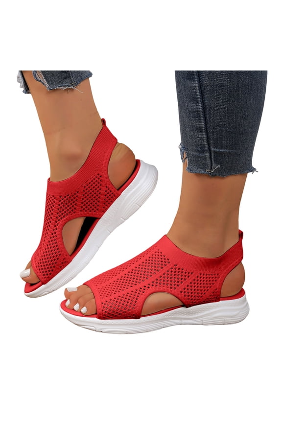 Sandals for Women Peep Toe Breathable Mesh Beach Shoes Comfy Thick Soft Sole Walking Shoes Summer Sneakers Red Size 10.5