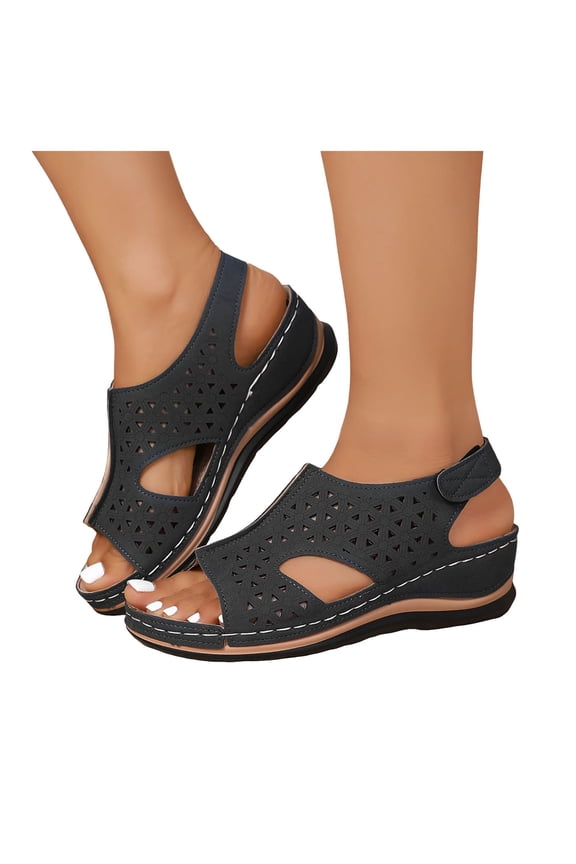 Sandals for Women Peep Toe Splice Hollow out Low Wedge Platform Slingback Ankle Strap Slip on Summer Orthopedic Shoes Black Size 7