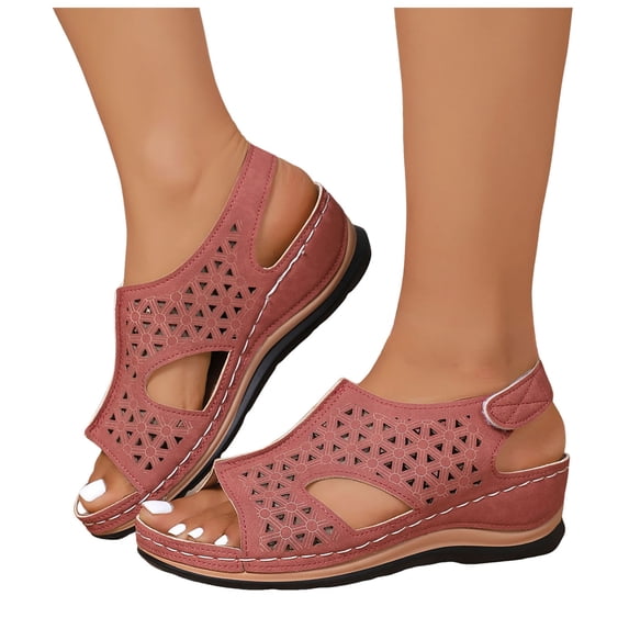 Sandals for Women Peep Toe Splice Hollow out Low Wedge Platform Slingback Ankle Strap Slip on Summer Orthopedic Shoes Watermelon Red Size 9