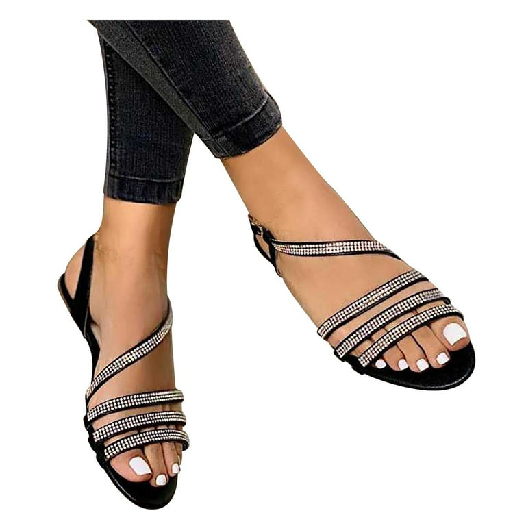 Sandals for Women Rhinestone ,Women's Bohemia Bling Glitter Flat Sandals  Flat Gladiator Sandals Open Toe Dress Shoes 
