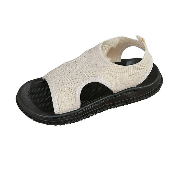 Sandals for Women Round Open Toe Soft Leather Strappy Comfortable Cute Flat Sandals with Elastic Strap White