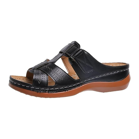 Sandals for Women Sale Clearnce Orthopedic Shoes Summer Sandals Comfy Flat Leather Sliders Low Wedge Open Toe Breathable Slippers US Size 3-7.5