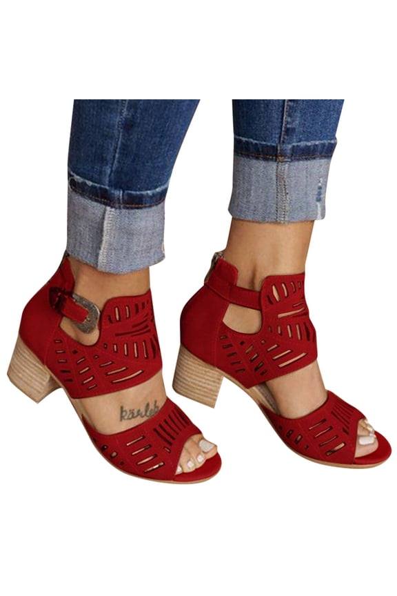 Sandals for Women Slingback Chunky Heels Adjustable Buckle Strap Zipper Back Bootie Hollow out Heels Platform Comfortable Casual Shoes Red Size 11.5