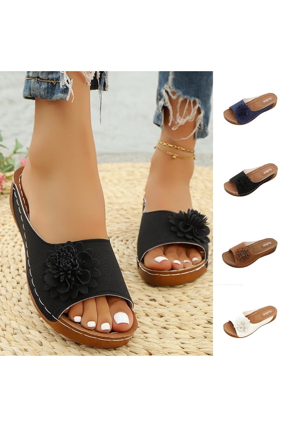 Sandals for Women Summer Casual Boho Wedge Peep Toe Solid Color Slip-on Slides Lightweight Comfortable Beach Shoes