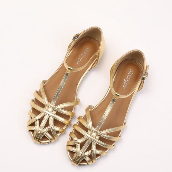 Sandals for Women Women's Oofos Sandals Women Women's Fashion Casual Hollow Woven Pointed Toe Outdoor Flat Bottom Closed Toe Sandals Gold