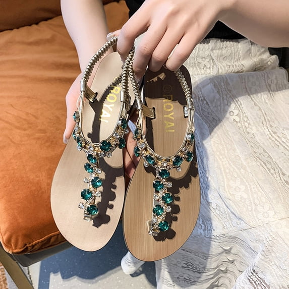 Sandals for Women Women's Summer Shoes Beach Flat Solid Color Clip Toe Rhinestone Sandals Shoes