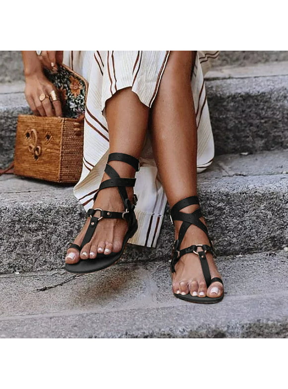 Sandals for Women - Womens Comfortable Open Toe Ankle Wrap Lace Up Flat Sandals - Women?s Roman Sandal Ankle Tie Up Shoes