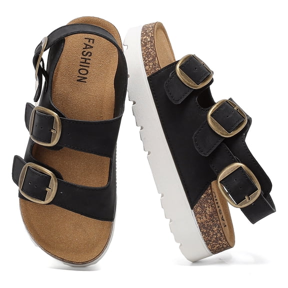 Lezzglt Sandals For Women With Soft Cork Footbed, Lady Slip On Clog Mules With Adjustable Double Buckle, Open Toe Flat Slide Shoes, Summer Outdoor Back Strap Slipper