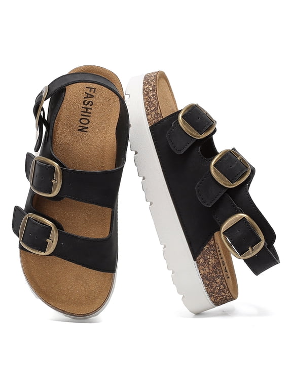 Women's Platform Sandals with Back Strap Wedge Chunky Heel Slip-on Comfort Slides with Arch Support Cork Footbed Adjustable Buckle Summer Slide Sandals