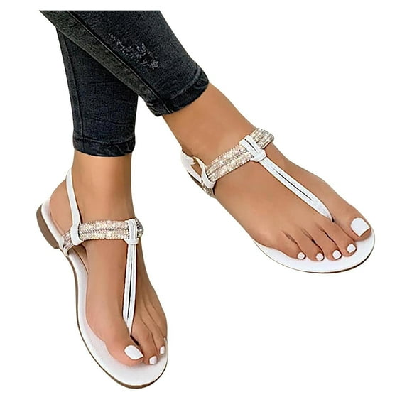 Sandals for Womens Rhinestone Casual Wear Cut Gladiator Flat Sandals Beach T-Strap Thong Sandals