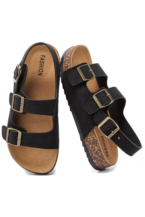 Kids Toddler Sandals with Cork Footbed, Non-Slip Slides for Boys Girls Double Buckle Slippers with Adjustable Back Strap, Comfort Water-Resistant Shoes