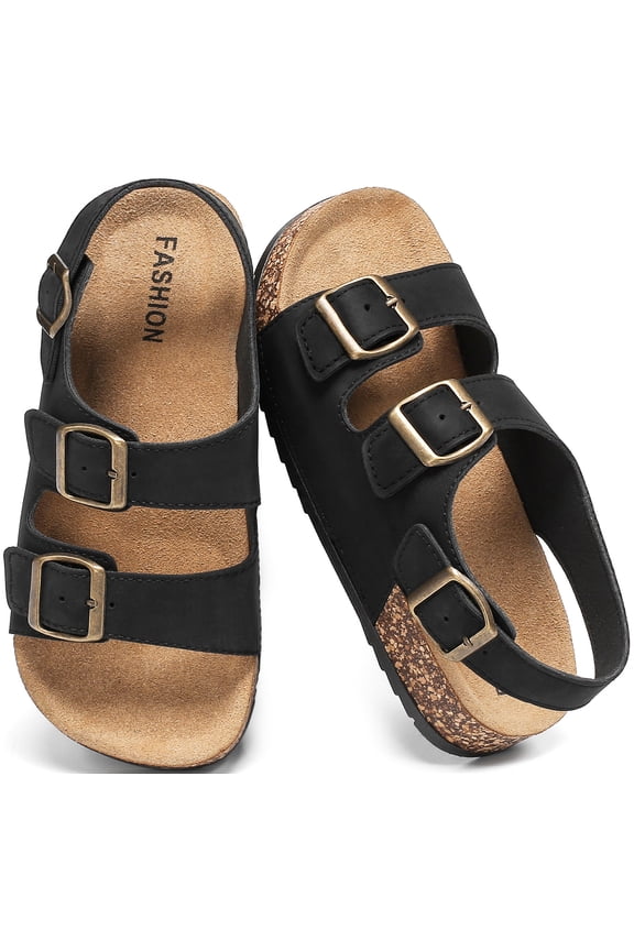 Kids Toddler Sandals with Cork Footbed, Non-Slip Slides for Boys Girls Double Buckle Slippers with Adjustable Back Strap, Comfort Water-Resistant Shoes