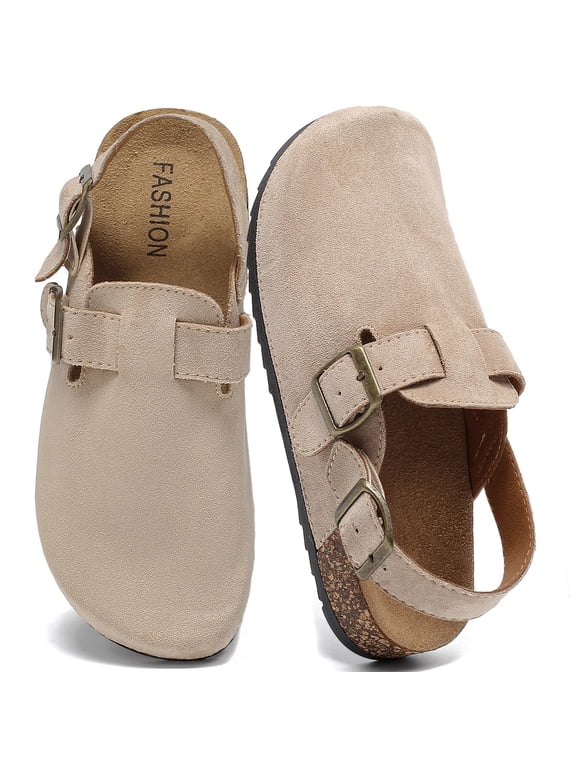 Women's Suede Clogs with Back Strap Men's Cork Footbed Leather Mules Clogs for Women Comfort Memory Foam Slingback Clog Sandals with Adjustable Buckle Slip on Potato Shoes