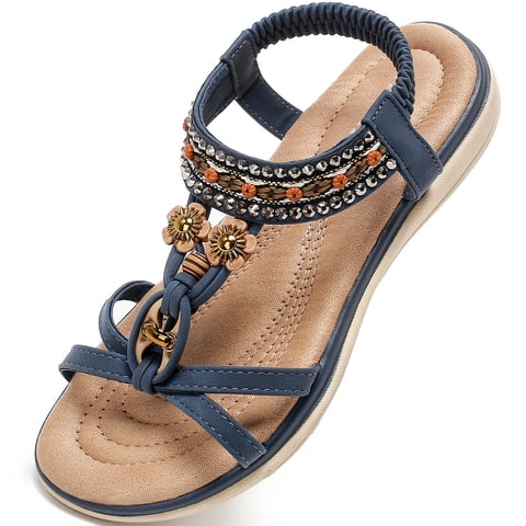 Bohemian Women's Sandals, Casual Beaded Flat Sandals for Women, Summer Beach Shoes with Comfortable Elastic Ankle Strap