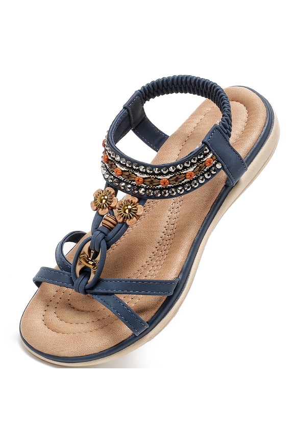 Bohemian Women's Sandals, Casual Beaded Flat Sandals for Women, Summer Beach Shoes with Comfortable Elastic Ankle Strap