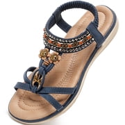 CKWLXQY Bohemian Womens Sandals, Casual Beaded Flat Sandals for Women, Summer Beach Shoes with Comfortable Elastic Ankle Strap