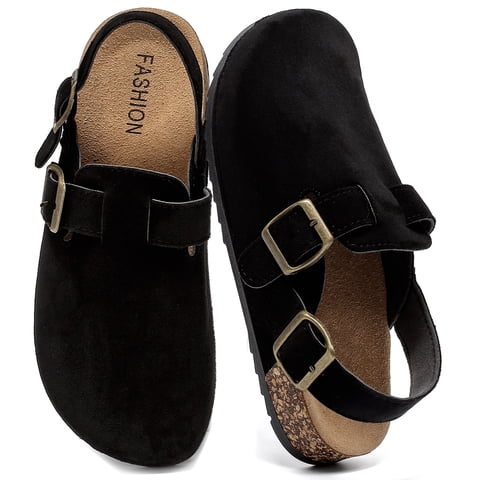 Women's Suede Clogs with Back Strap Men's Cork Footbed Leather Mules Clogs for Women Comfort Memory Foam Slingback Clog Sandals with Adjustable Buckle Slip on Potato Shoes