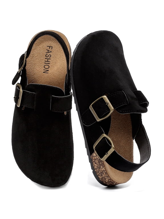 Women's Suede Clogs with Back Strap Men's Cork Footbed Leather Mules Clogs for Women Comfort Memory Foam Slingback Clog Sandals with Adjustable Buckle Slip on Potato Shoes