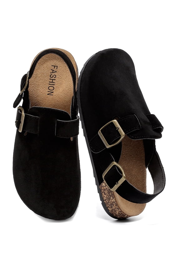 Women's Suede Clogs with Back Strap Men's Cork Footbed Leather Mules Clogs for Women Comfort Memory Foam Slingback Clog Sandals with Adjustable Buckle Slip on Potato Shoes