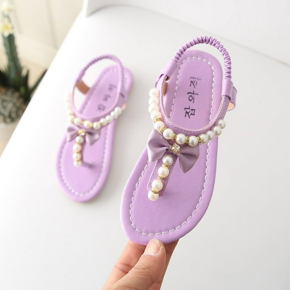 Sandals on Clearance Summer Toddler Infant Kids Baby Girls Bowknot Pearl Princess Thong Sandals Shoes,Purple Sandals For Kids Size 9C