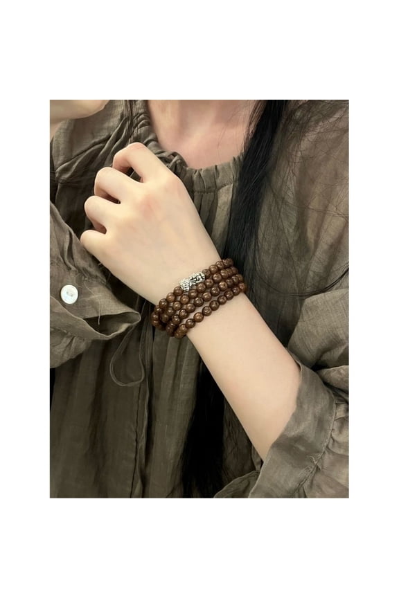 Sandalwood Bead Bracelet with Metal Pixiu 108 Buddhist Prayer Beads Unisex Mala Bracelet for Meditation or Daily Wear