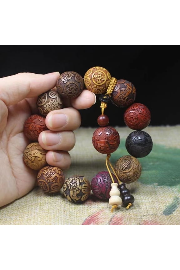 Sandalwood Beaded Bracelet Carved Mala Prayer Wood Unisex Buddhist Jewelry
