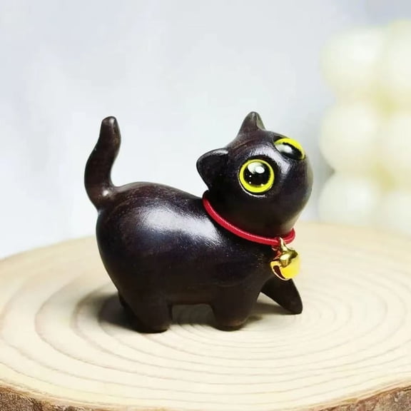 Sandalwood Cat Statue - Hand Carved Lucky Kitten Figurine for Home Decor, Spiritual Gifts