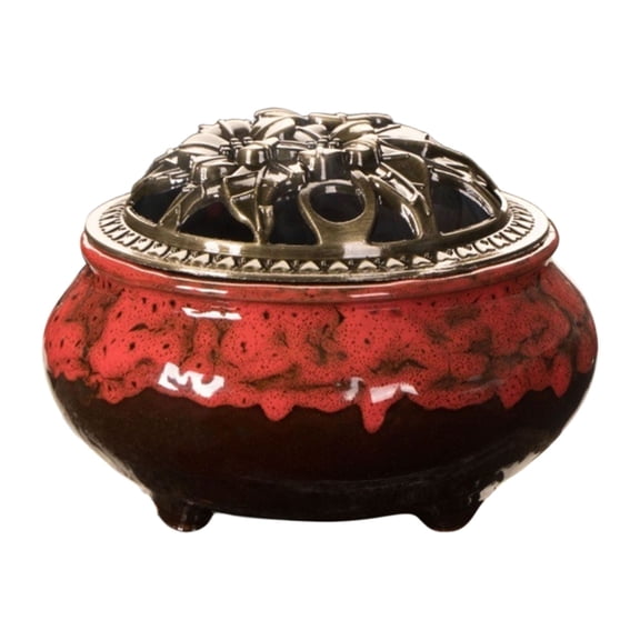 Sandalwood Incense Burner with Ice, Kiln Glaze Ceramic Design Aroma Diffuser for Home and Office, Red 10x7cm