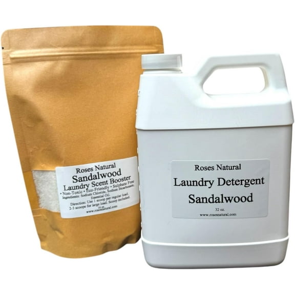 Sandalwood Laundry Detergent Set, 32 oz Detergent with 16 oz Scent Booster, -Based Laundry Soap, Essential Oil Scented, Made in the USA