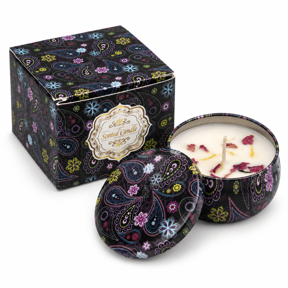 Sandalwood Scented Tin Candle with Dried Flowers, Soy Wax Blend Aromatherapy Candle, Decorative Small Candle Gift for the Bedroom, Bathroom, Desk, Birthdays, and Housewarmings