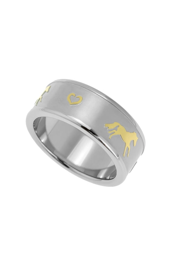 Sandblasted Stainless Steel Horse and Heart Ring - Gold Ion Plated Equestrian Jewelry Gift size 7