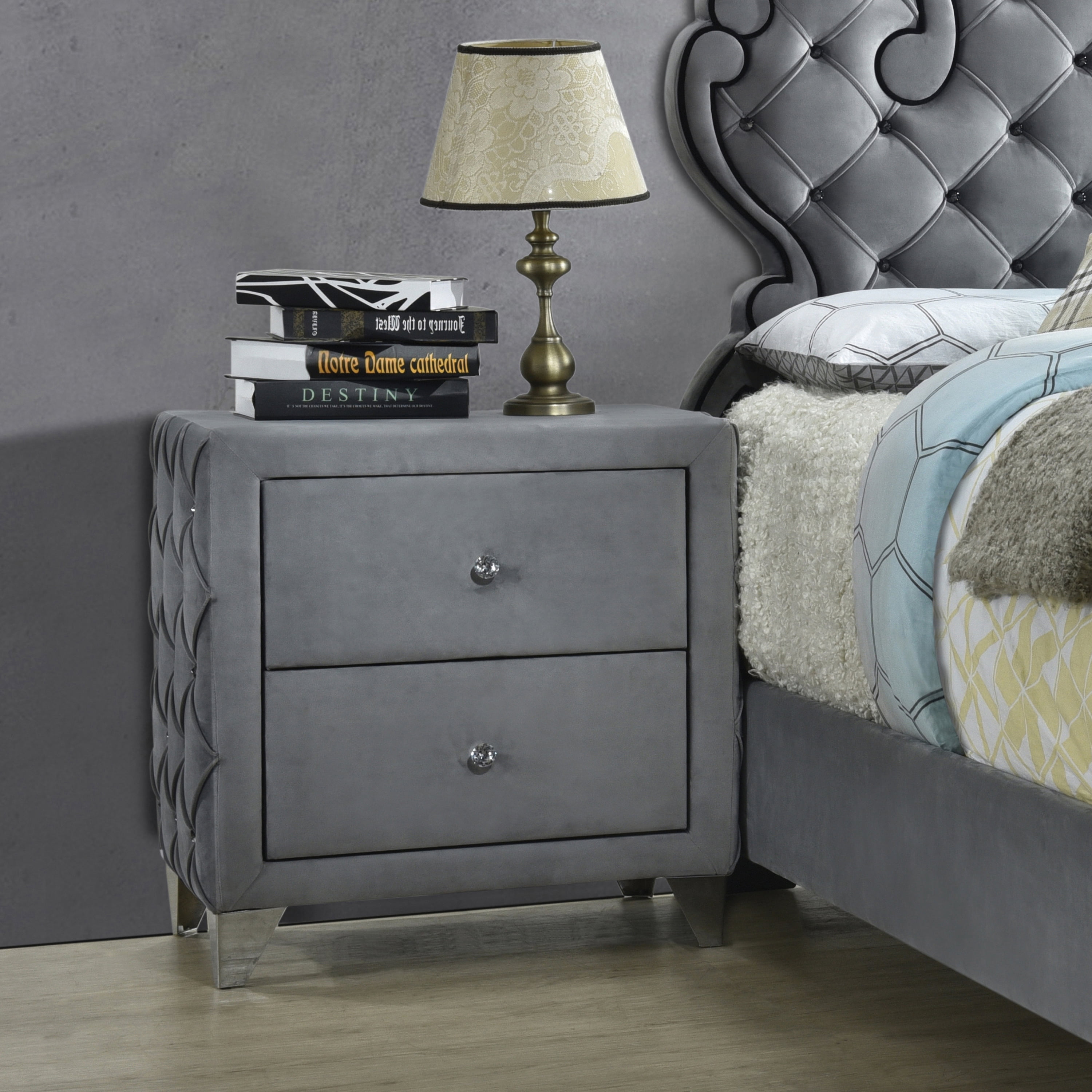 Sandboard 2 drawer Button Tufted Nightstand Grey