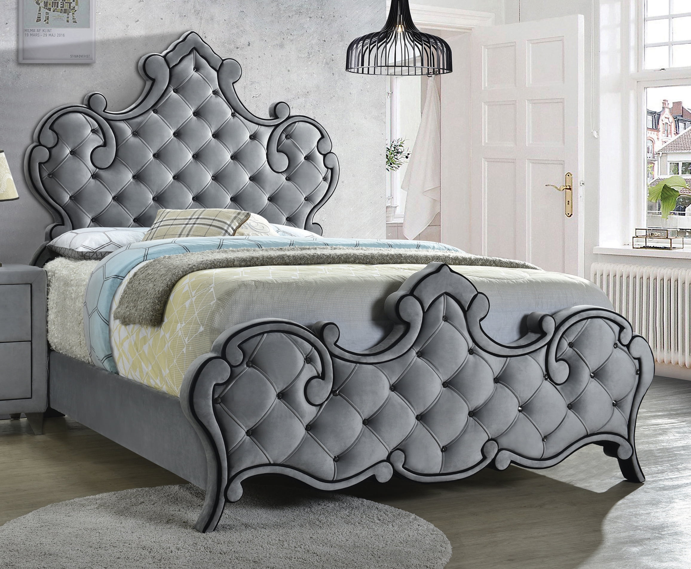 Grey tufted sale bed with rhinestones