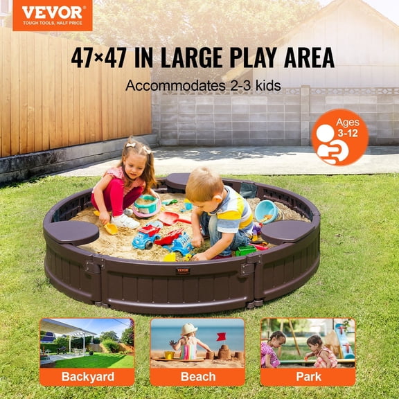 Sandbox with Cover, 47.2 x 9.1 in Round Sand Box, HDPE Sand Pit with 3 Corner Seating and Bottom Liner, Kids Sandbox for Outdoor Backyard, Beach, Park, Gift for Boys Girls Ages 3-12, Brown