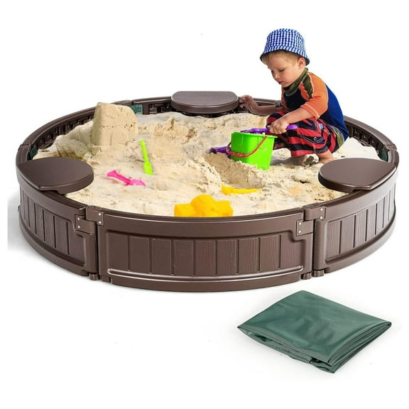 Sandbox with Cover, 4FT Round Sand Pit for Backyard, 3 Built-in Seating & Bottom Drainage Liner, All Weather Resistant Sand Boxes for Kids Outdoor with LidBrown