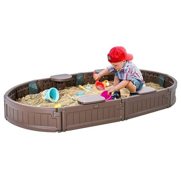 Sandbox with Cover, 72 x 41.5 x 9.1 in Oval Sand Box, HDPE Sand Pit with 4 Corner Seating and Bottom Liner, Kids Sandbox for Outdoor Backyard, Beach, Park, Gift for Boys Girls Ages 3-12, Brown