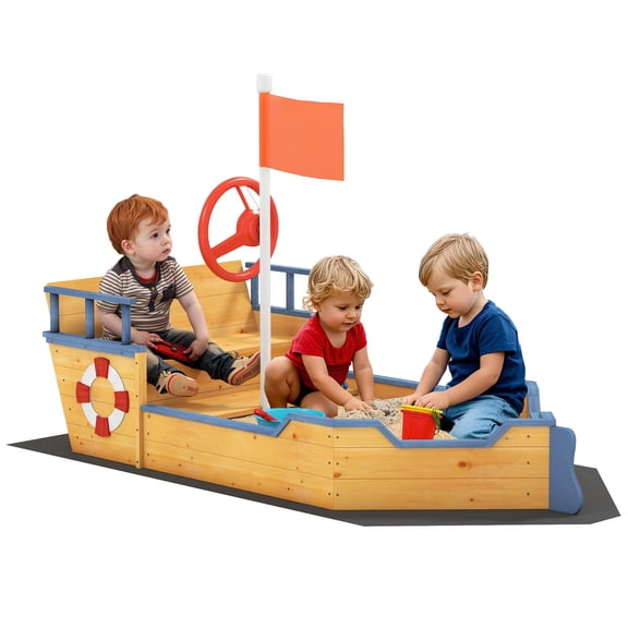 Sandbox Pirate Ship Design Cedar Wood Outdoor Play Structure with 2-Step Seat and Storage, Natural, 158x78x45.5cm