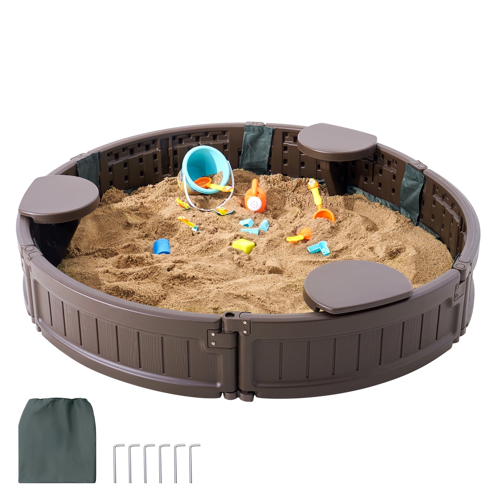 Sandbox with Cover, 47.2" Round HDPE Sand Pit with 3 Corner Seats & Bottom Liner, Outdoor Kids Sandbox for Backyard Beach Park, Brown, for Ages 3–12