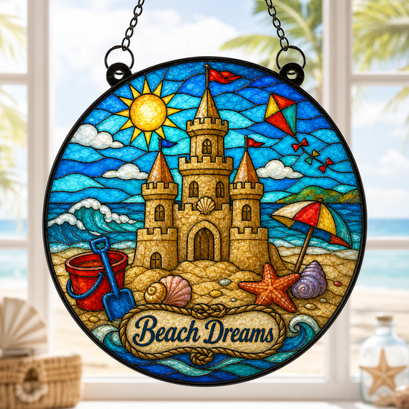 Sandcastle Beach Suncatcher Stained Glass Window Hanging, Seaside Gift Decor