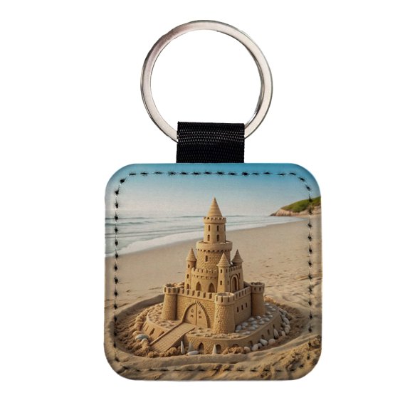Sandcastle On Beach Cute Faux Leather Square Keychain