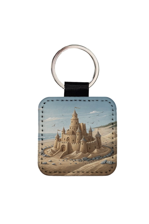 Sandcastle On Beach Faux Leather Square Keychain
