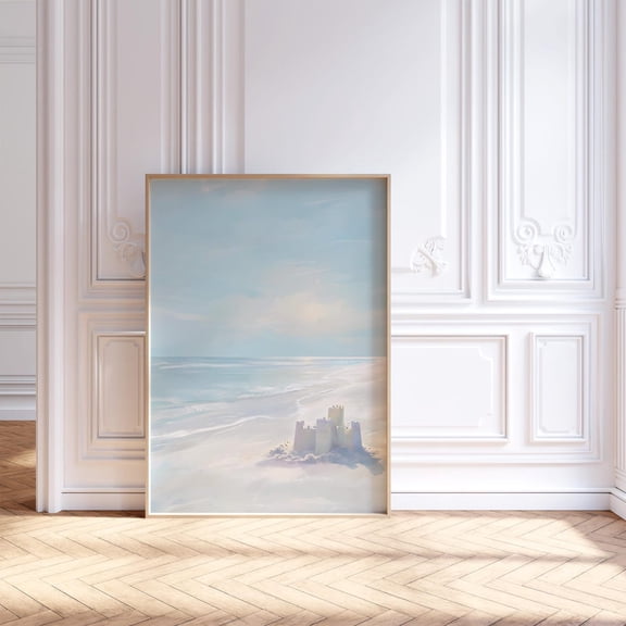 Sandcastle Wall Art Poster, Sandy Beach Ocean Poster, Summer Coastal Wall Art, Pastel Beach House Decor, Light Blue Wall Art, 311, Unframed Poster Size 12x18