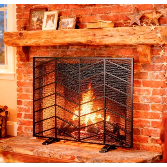 Sanded Black Wrought Iron Chevron Mesh Fireplace Screen, Single Panel