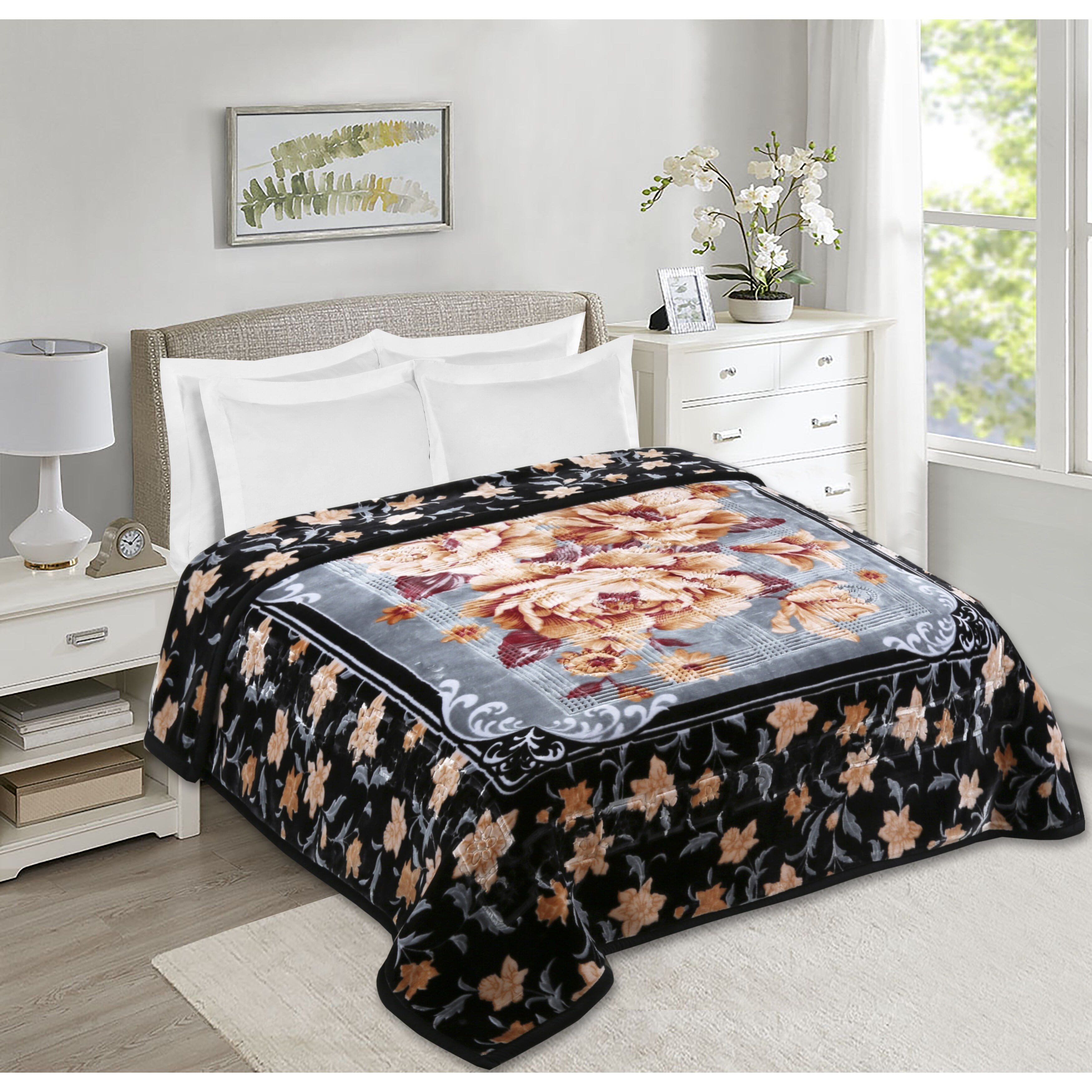 Sanders Collection Nestl Velvet 2 Ply Heavy Reversible Printed Raschel Blanket King Black Gray Floral Walmart Business Supplies