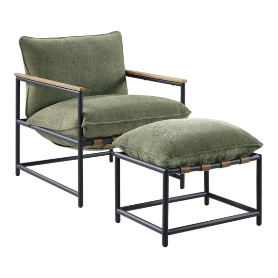 Sanders Sling Chair & Ottoman Matte Black Metal Frame in Green Chenille Fabric