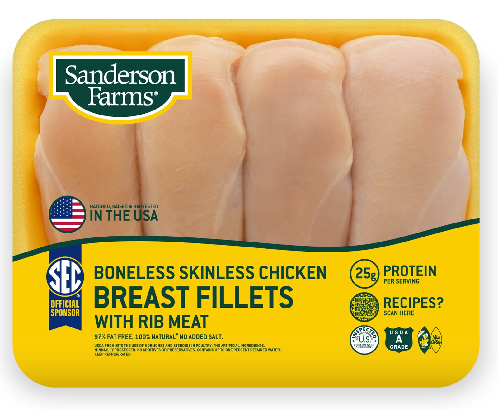 Sanderson Farms, Boneless Skinless Chicken Breast Fillets with Rib Meat, 25g Protein, 3.0 - 4 lb