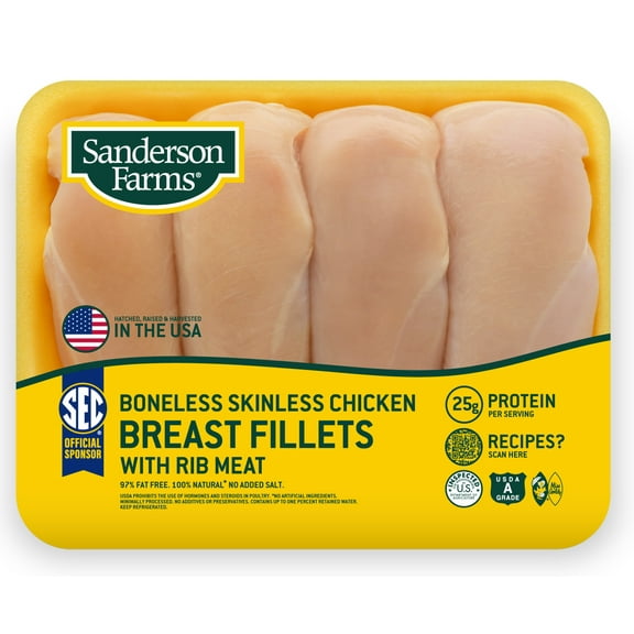 Sanderson Farms, Boneless Skinless Chicken Breast Fillets with Rib Meat, 25g Protein, 3.0 - 4 lb
